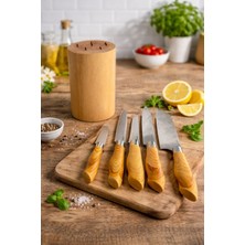 TB Tamer Bayrakçeken Ahşap Saplı 5’li Bıçak Seti ve Doğal Ahşap Blok – Şık, Dayanıklı ve Premium Sunum