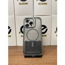 Elixem İphone 15 Pro Max Uyumlu Titanyum Gri Case Pro Magsafe Kamera Standlı Lens Hediyeli Kılıf