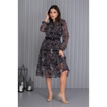 Neşeli Butik Kadın Kemerli Desenli Yeni Sezon Midi Boy Şifon Elbise APCX04