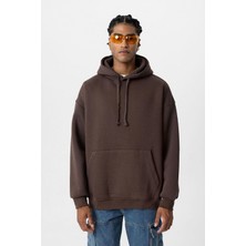 Vamos Basic Oversize Yıkamalı Hoodie Kahve