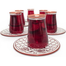 Sudedi Home Osmanlı Desenli Bakır Yaldızlı Bordo Cam Bardaklı Porselen Tabaklı 6’lı Çay Bardağı Seti