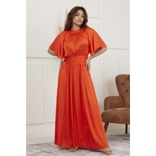 Neşeli Butik Kadın Dekolte ve Gipe Detaylı Astarsız Saten Elbise RY2027