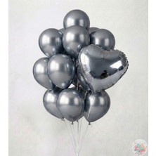 Joyane Metalik Gri Balon Seti 11’li + 24 Inç Gümüş Kalp Folyo Balon | Parti & Doğum Günü
