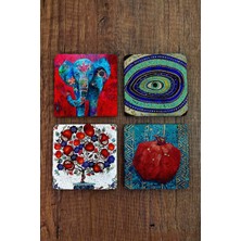 Begoloni Doğal Taş Bardak Altlığı Fil Nazar Nar Ağacı Nar Baskılı 4'lü Set