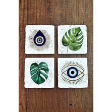 Begoloni Doğal Taş Bardak Altlığı Nazar ve Yaprak 10X10CM Stone Coasters 4'lü Set