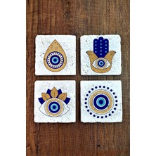 Begoloni Doğal Taş Bardak Altlığı 4'lü Set 10X10X1 cm Nazar Boncuğu Desenli - Evileye Stone Coasters 356