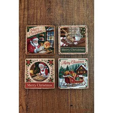 Begoloni Doğal Taş Bardak Altlığı - Vintage Christmast Baskılı 10X10CM Yeni Yıl Stone Coasters 512