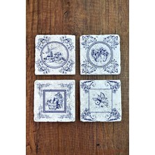 Begoloni Doğal Taş Bardak Altlığı 4'lü Set 10X10X1 cm Ünlü Mavi Desenler -Stone Coasters