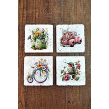 Begoloni Doğal Taş Bardak Altlığı Çiçek Temalı Desenler Baskılı 4'lü Set