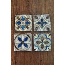 Begoloni Doğal Taş Bardak Altlığı Hint Desenler Baskılı 4'lü Set