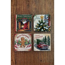 Begoloni Doğal Taş Bardak Altlığı - Vintage Christmast Baskılı 10X10CM Yeni Yıl Stone Coasters 506