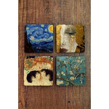 Begoloni Doğal Taş Bardak Altlığı 4'lü Set 10X10X1 cm Gustav Klimt ve Van Gogh Eserleri- Stone Coasters