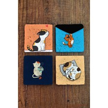 Begoloni Doğal Taş Bardak Altlığı 4'lü Set 10X10X1 cm Sevimli Kediler Baskılı-Stone Coasters