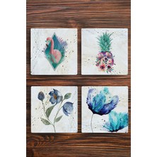 Begoloni Doğal Taş Bardak Altlığı 4'lü Set -Flamingo - Ananas - Çiçek