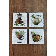 Begoloni Doğal Taş Bardak Altlığı - Kahve & Çay Temalı 10X10CM - Stone Coasters