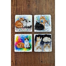 Begoloni Doğal Taş Bardak Altlığı - Sevimli Kediler Baskılı Bardak Altlığı 10X10CM Ai Stone Coasters 590
