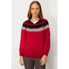 Desen Triko Kadın Kapüşonlu Robası Baklavalı Hırka K.kırmızı