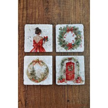 Begoloni Doğal Taş Bardak Altlığı - Christmast Yeni Yıl Baskılı 10X10CM Ai Noel - Stone Coasters 561