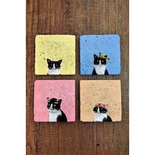 Begoloni Doğal Taş Bardak Altlığı Renkli Kediler Baskılı 4'lü Set