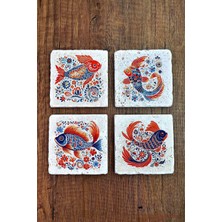 Begoloni Doğal Taş Bardak Altlığı 4'lü Set 10X10X1 cm Renkli Balık Desenleri -Stone Coasters