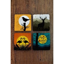Begoloni Doğal Taş Bardak Altlığı 4'lü Set - Doğa Temalı Kuş, Geyik, Flamingo, Dolunay - Stone Coasters