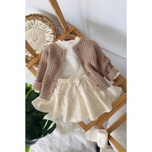 Miniğimin Cicileri Fiyonk Detaylı Triko Hırkalı Dantel Etekli Kız Bebek 4 Lü Takım - Vizon