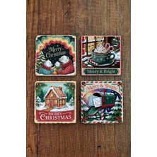 Begoloni Doğal Taş Bardak Altlığı - Vintage Christmast Baskılı 10X10CM Yeni Yıl Stone Coasters 509
