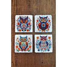 Begoloni Doğal Taş Bardak Altlığı 4'lü Set 10X10X1 cm Renkli Baykuş Desenler -Stone Coasters