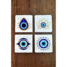 Begoloni Doğal Taş Bardak Altlığı 4'lü Set 10X10X1 cm Nazar Boncuğu Desenli - Evileye Stone Coasters