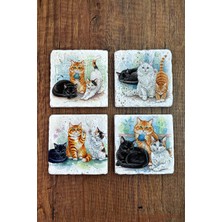Begoloni Doğal Taş Bardak Altlığı - Sevimli Kediler Baskılı Bardak Altlığı 10X10CM Ai Stone Coasters 583