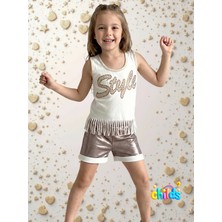 Püsküllü Pamuklu Taş Baskılı Kolsuz Tişört. Bronz Parlak Lame Baskılı Şortlu Kız Çocuk Ikili Takkım