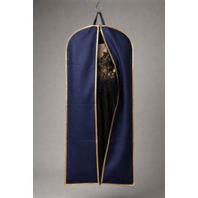 Lacivert Renk Gold Şeritli Nonwoven Abiye Elbise Kılıfı – 160X60 Cm, Kalın Diş Fermuarlı