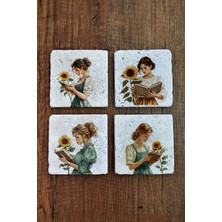 Begoloni Doğal Taş Bardak Altlığı -Kitap Okuyan Kız & Ayçiçeği Temalı Stone Coasters