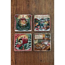 Begoloni Doğal Taş Bardak Altlığı - Vintage Christmast Baskılı 10X10CM Yeni Yıl Stone Coasters 508