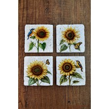 Begoloni Doğal Taş Bardak Altlığı - Ayçiçeği, Kuş & Kelebek Temalı Stone Coasters