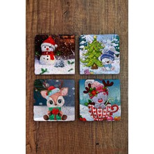 Begoloni Doğal Taş Bardak Altlığı - Yeni Yıl - Yılbaşı Uv Baskılı 4'lü Set - Christimas Stone Coasters