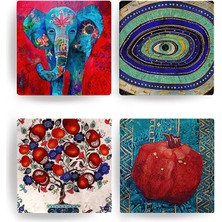 Begoloni Doğal Taş Bardak Altlığı Fil Nazar Nar Ağacı Nar Baskılı 4'lü Set