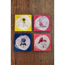 Begoloni Doğal Taş Bardak Altlığı 4'lü Set - Çiçek Desenli Taş Bardak Altı - Stone Coasters