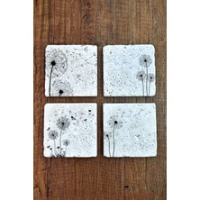 Begoloni Doğal Taş Bardak Altlığı 4'lü Set 10X10X1 cm Beyaz Karahindiba Silüeti Desenler Stone Coasters