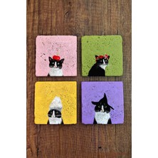 Begoloni Doğal Taş Bardak Altlığı Renkli Kedi Baskılı 4'lü Set
