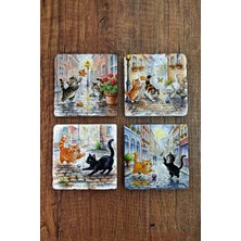 Begoloni Doğal Taş Bardak Altlığı - Sevimli Kediler Baskılı Bardak Altlığı 10X10CM Ai Stone Coasters 580