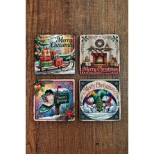 Begoloni Doğal Taş Bardak Altlığı - Vintage Christmast Baskılı 10X10CM Yeni Yıl Stone Coasters 507
