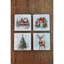 Begoloni Doğal Taş Bardak Altlığı - Christmast Yeni Yıl Baskılı 10X10CM Ai Noel - Stone Coasters 557