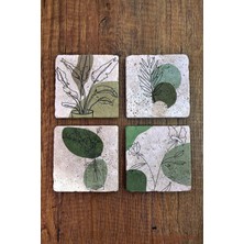 Begoloni Doğal Taş Bardak Altlığı 4'lü Set - Yeşil Modern Desenler Baskılı Stone Coasters