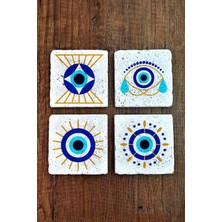 Begoloni Doğal Taş Bardak Altlığı 4'lü Set 10X10X1 cm Nazar Boncuğu Desenli - Evileye Stone Coasters 352