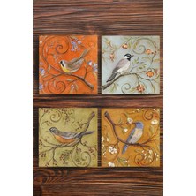 Begoloni Baskılı Doğaltaş Bardak Altlığı 4'lü Set - Kuş Desenli Doğal Taş Bardak Altı