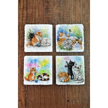 Begoloni Doğal Taş Bardak Altlığı - Sevimli Kediler Baskılı Bardak Altlığı 10X10CM Ai Stone Coasters 581