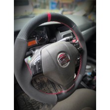 Hasbay Dikişli Direksiyon Kılıfı Karbon Nubuk Kırmızı Yüzük Kırmızı Dikişli Fı.at Linea Için