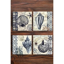 Begoloni Doğaltaş Bardak Altlığı 4'lü Set - Deniz Kabuğu Desen Uv Baskılı Stone Coasters