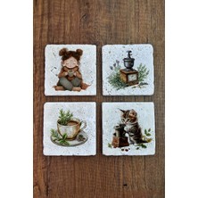 Begoloni Doğal Taş Bardak Altlığı Sevimli Kız ve Kedi Kahve Temalı -10X10CM Stone Coasters